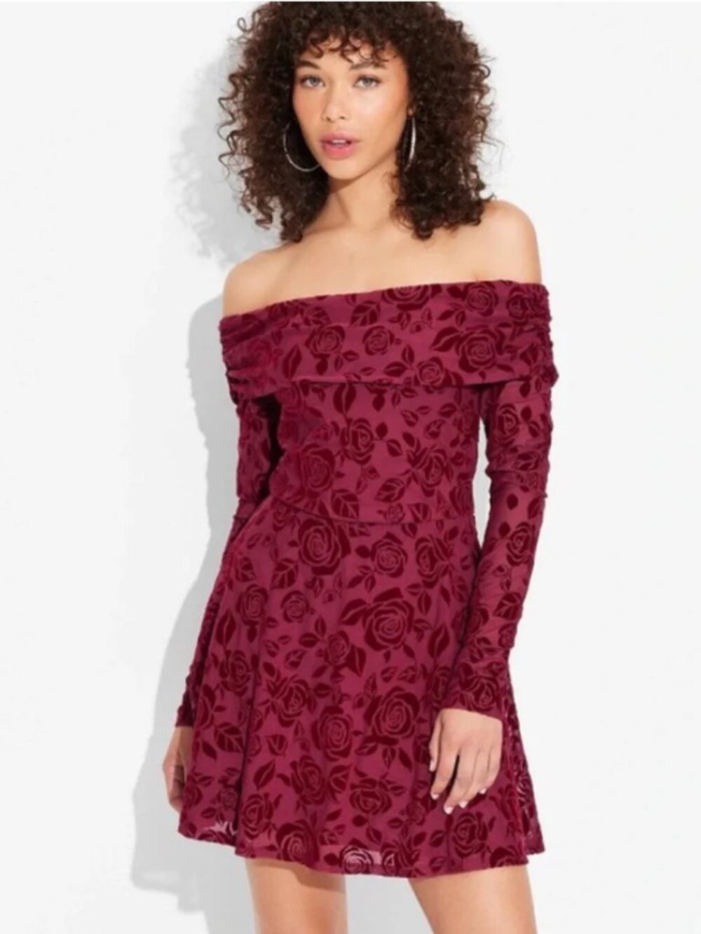 Wild Fable Cherry Red Long Sleeve Flocked Mini Fit and Flare Off Shoulder XS